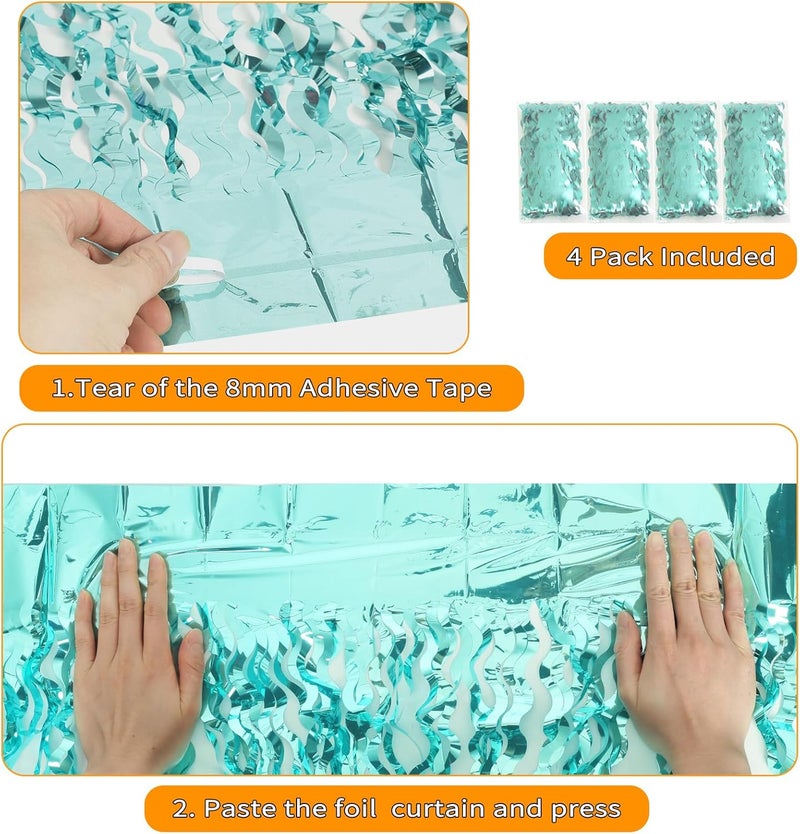 KEEUH 4 Pack 3.3 ft x 6.6 ft Wavy Aqua Teal Blue Tinsel Foil Fringe Curtains Backdrop - Wave Metallic Foil Curtains for Wedding Girl Princess Bachelorette Euphoria Theme Party Decoration - Image 4